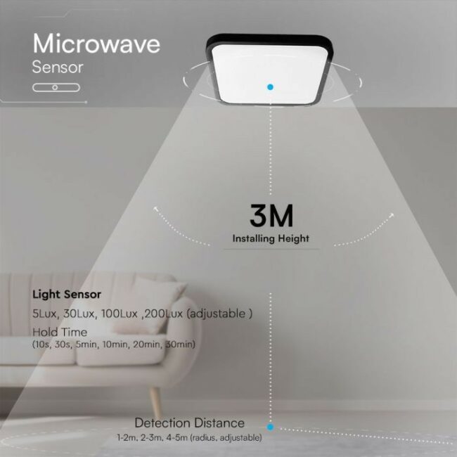 V-TAC 18W Samsung LED plafonjera s mirkovalnim senzorom -četvrtasta -crni rub 4000K IP44  76721-24 - Slika 4