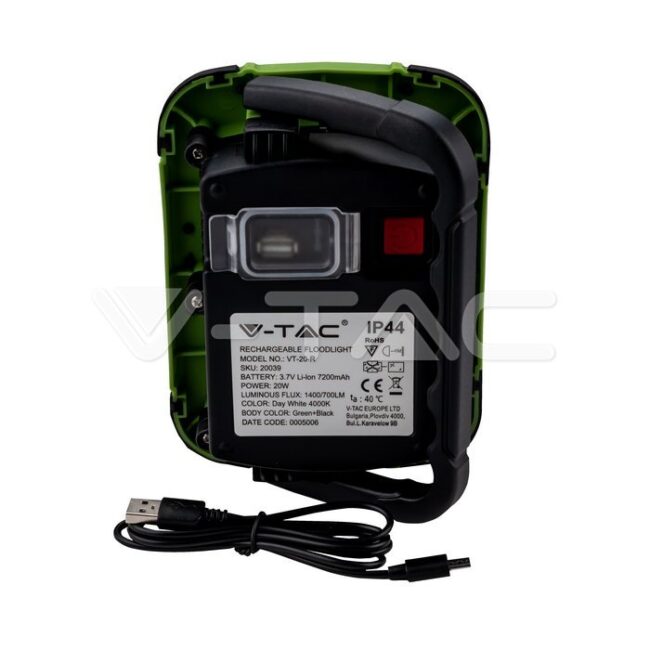 V-TAC 20W punjivi reflektor, Samsung čip, zeleno kućište USB, 4000K IP44 20039 - Slika 3