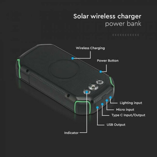 V-TAC 30000mAh solarni Power Bank, bežično punjenje, crni 7836 - Slika 4