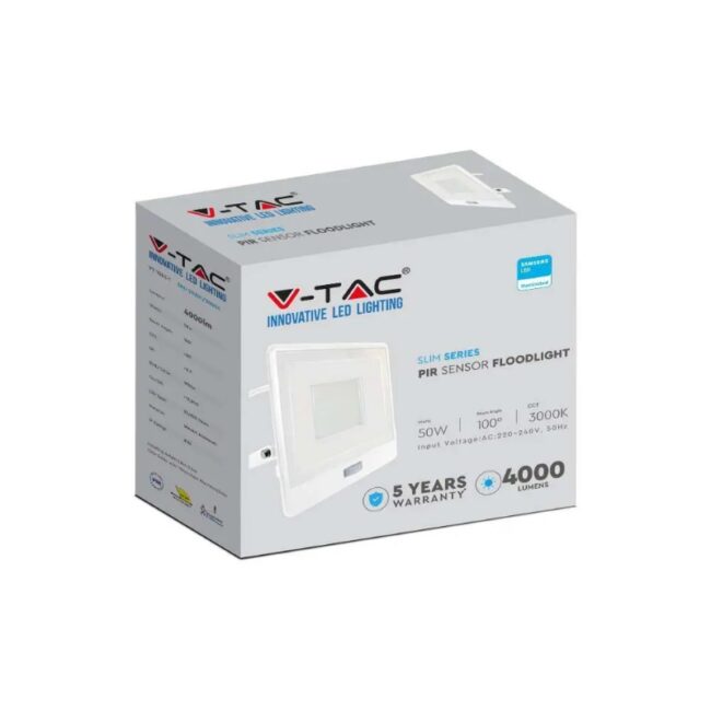 V-TAC 50W LED reflektor sa PIR senzorom SAMSUNG čip 6400K, IP65, kabel 1m, bijeli - 5 GODINA GARANCIJE 20303 - Slika 4