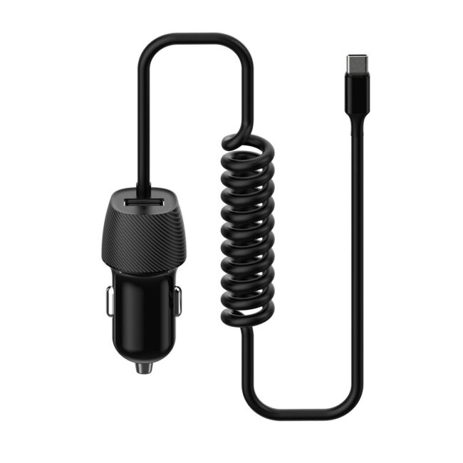 KSA ELEKTROPROFI Auto adapter za punjenje USB A 3,4A +USB C spiralni kabel 1m crni PLCRSC - Slika 2