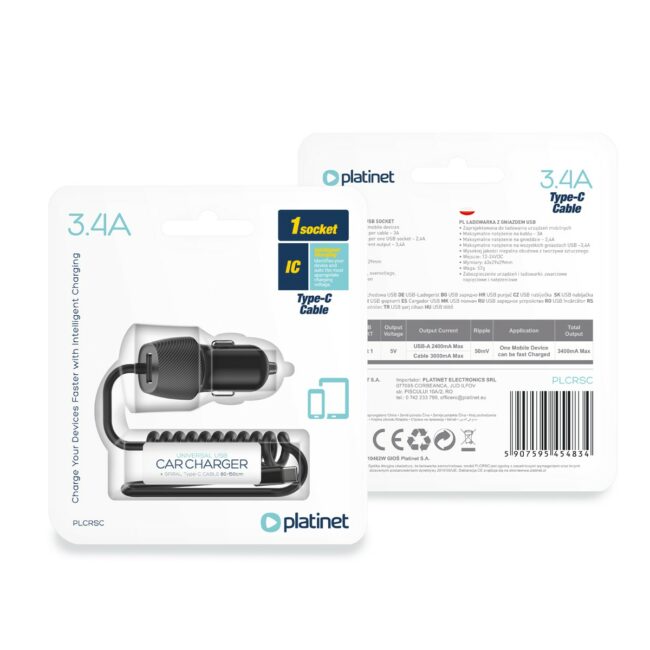 KSA ELEKTROPROFI Auto adapter za punjenje USB A 3,4A +USB C spiralni kabel 1m crni PLCRSC
