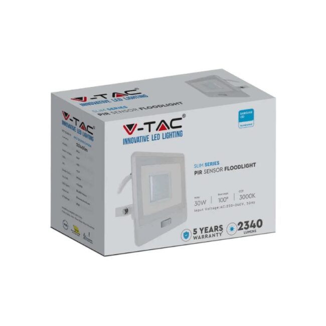 V-TAC 30W LED reflektor sa PIR senzorom SAMSUNG čip 6400K, IP65, kabel 1m, bijeli - 5 GODINA GARANCIJE 20300 - Slika 5