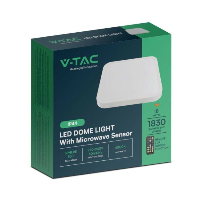 V-TAC 18W LED plafonjera s mirkovalnim senzorom-četvrtasta s bijelim rubom 4000K IP44  76661 - Slika 5
