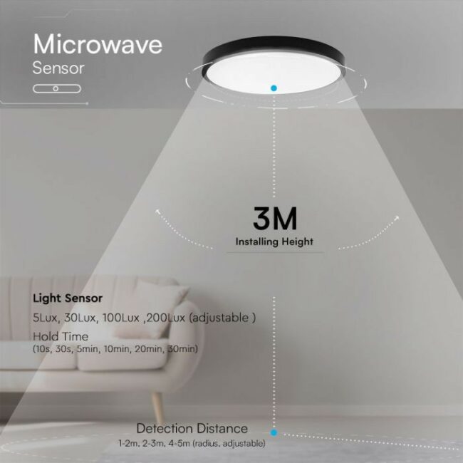 V-TAC 18W Samsung LED plafonjera s mirkovalnim senzorom -okrugla -crni rub 3000K IP44  76691-24 - Slika 4