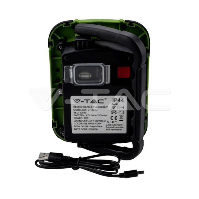 V-TAC 20W punjivi reflektor, Samsung čip, zeleno kućište USB, 4000K IP44 20039 - Slika 3